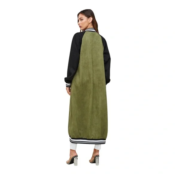 SoNo Chic Varsity Faux Suede Green Maxi Front Snap Jacket - Picture 8 of 14